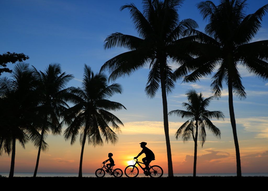 Father and son riding a bicycle at sunset along a tropical path