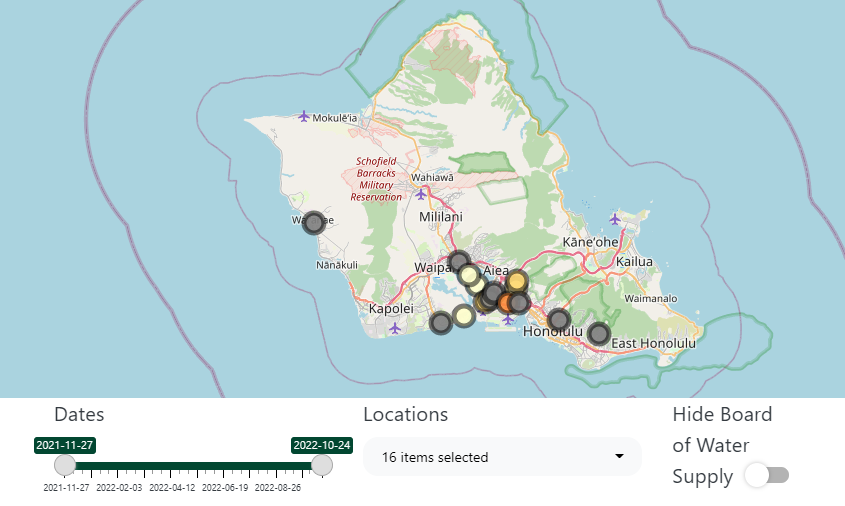 Map of Oahu, Hawaii showing Red Hill Registry data points from 2021-2022.
