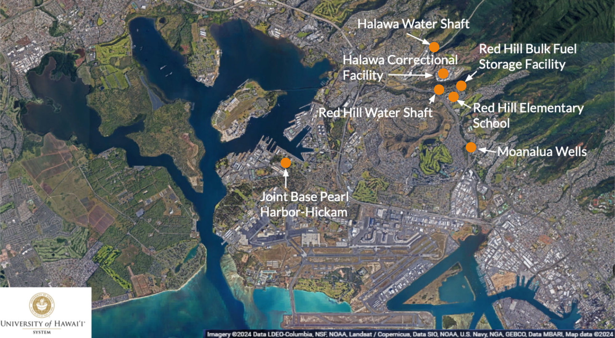 Map of Joint Base Pearl Harbor-Hickam and surrounding areas, highlighting Red Hill water sources and affected facilities. Red Hill water crisis registry locations shown.