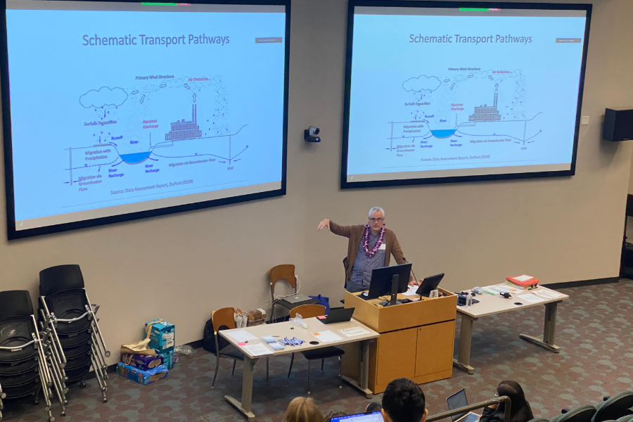 Scientist presents schematic transport pathways at JABSOM Red Hill Registry meeting.